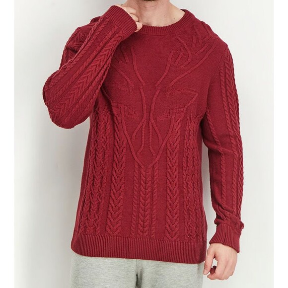 CLUB ROOM Sweater Mens XXL Maroon Red Pullover Crew Chunky Knit Elk Cottage - Picture 1 of 8